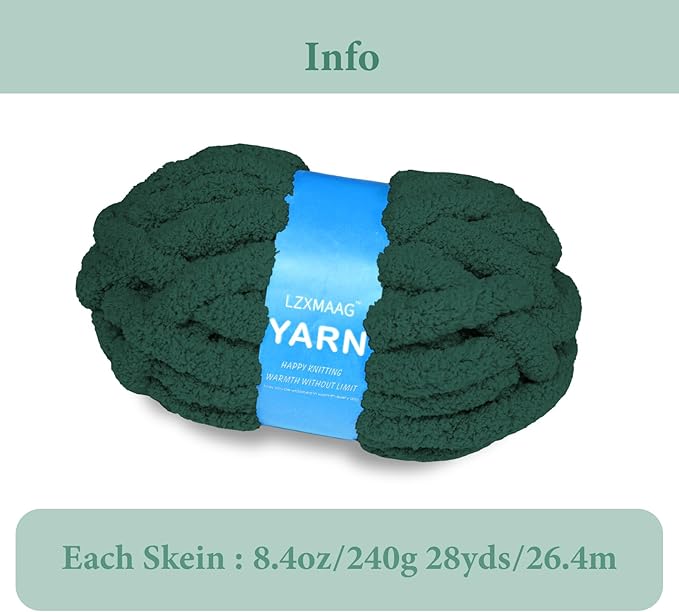 Chunky Yarn for Hand Knitting and Blankets – Super Soft Jumbo Chenille Yarn Pack for Crocheting, Bulky DIY Projects, 8 Skeins(Dark Green)