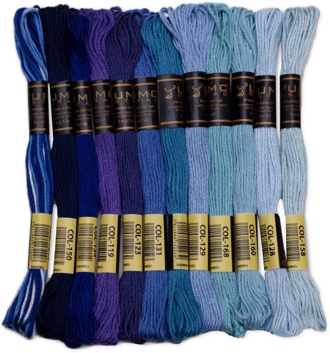 12 Pieces | Premium Embroidery Thread | 100% Egyptian Cotton Premium Skeins | Cross Stitch Embroidery Floss | Oeko TEX Certified Stranded Cotton (Blue Tones)