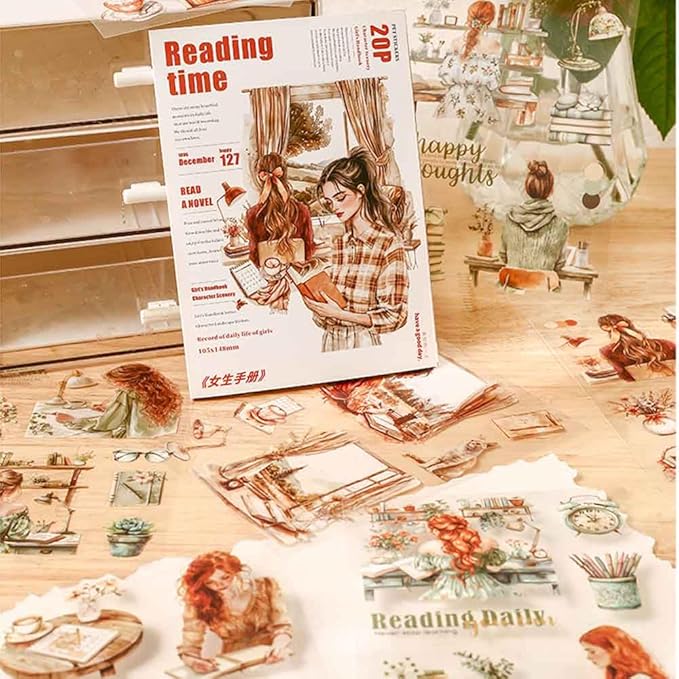 20 Sheets Reading Time Ephemera Sticker Book for Journaling Supplies, Aesthetic Fashion Girl Sticker for Scrapbook Kit Junk Journal, Pre-Cut PET Stickers for Bujo Planner Arts Craft