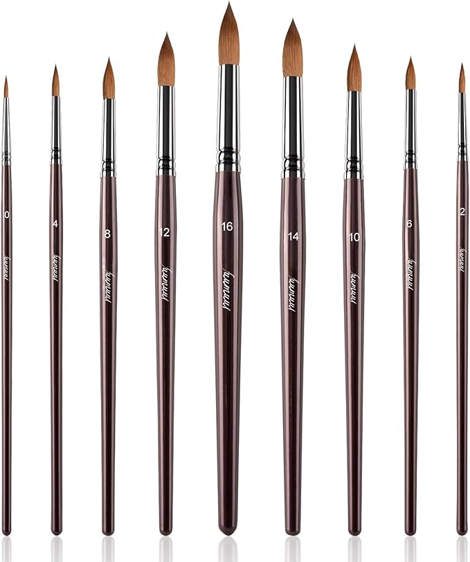 Sable Watercolor Brushes, Fuumuui 9pcs Detail to Mop Sable Brushes Round Pointed Professional Water Color Brushes Perfect for Watercolor Gouache Acrylic Ink Painting