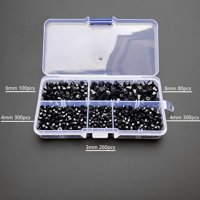 Black Bicone Glass Beads for Jewelry Making, Faceted Crytal Spacer Beads for Bracelet Necklace Earring (3mm 4mm 6mm 8mm Mixed Sizes, 1040pcs)