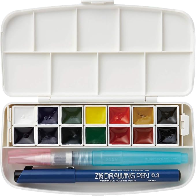 Kuretake WATERCOLOUR TRANSPARENT 14 colors set with fineliner pen and water brush pen, Portable, In a compact box, Vibrant watercolors, For professional and hobbyist, AP-Certified, Made in Japan