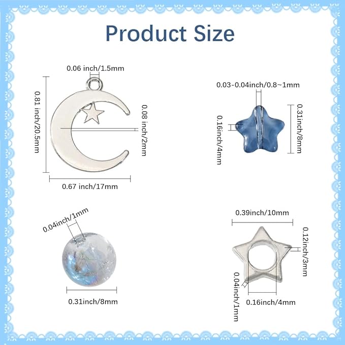 SUNNYCLUE 1 Box 314Pcs DIY 6 Sets Bracelets Making Kit Moon and Star Charms Crescent Stars Bead Blue Faceted Glass Imitation Pearl Loose Spacer Beads for Jewelry Making Kits Adult Women Gifts