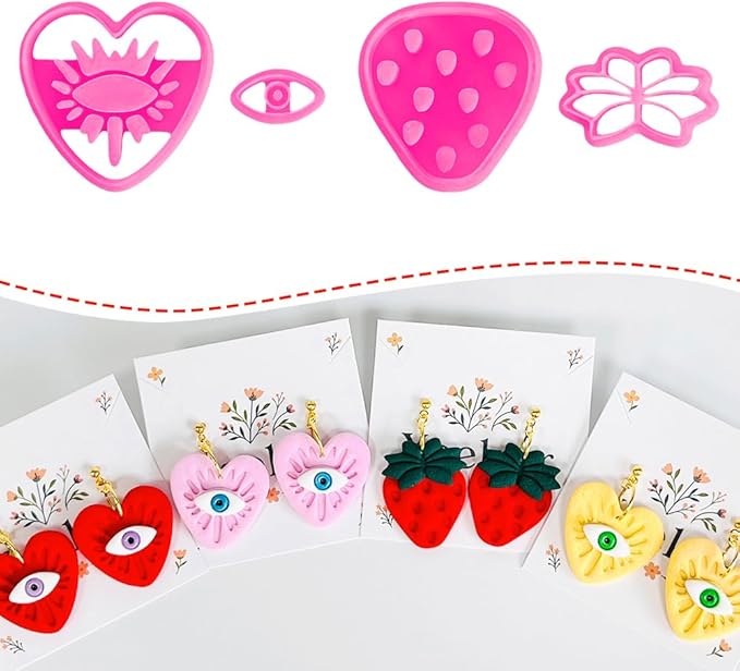 Xaekicr 4PCS Polymer Clay Cutters Set - Eye, Strawberry, Clover Heart Shape Clay Earring Cutters for DIY Jewelry Making, Clay Tools and Polymer Clay Molds