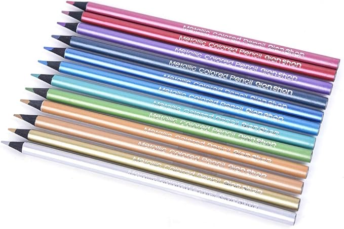 qianshan Metallic Colored Pencils 12 Colors - Non-toxic Black Wood Colored Pencils Pre-sharpened Wooden Sketching Pencils Set for Adults Coloring Book, Art Drawing, Black Paper, No Duplicates