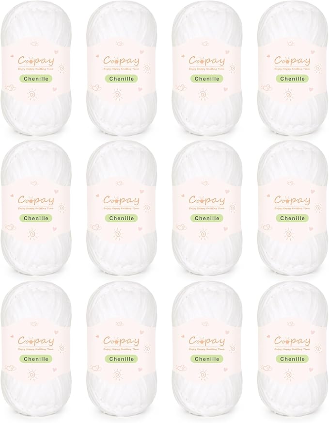 Coopay Skinny Chenille Yarn for Crocheting and Knitting, 12 Pack of 50g/1.76oz - 1764yd Total, Soft Crochet Yarn of Light Weights - Suitable for Baby Blankets, Plush Dolls, Garments (White)