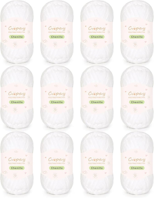 Coopay Skinny Chenille Yarn for Crocheting and Knitting, 12 Pack of 50g/1.76oz - 1764yd Total, Soft Crochet Yarn of Light Weights - Suitable for Baby Blankets, Plush Dolls, Garments (White)