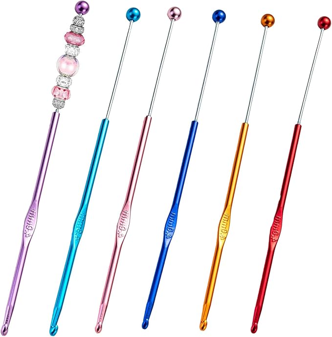 6 Pack DIY Beadable Crochet Hooks Knitting Needles Set Aluminum Handle for Focal Beads Colors (Blue Purple Red Orange Pink Light Blue, 4 mm)