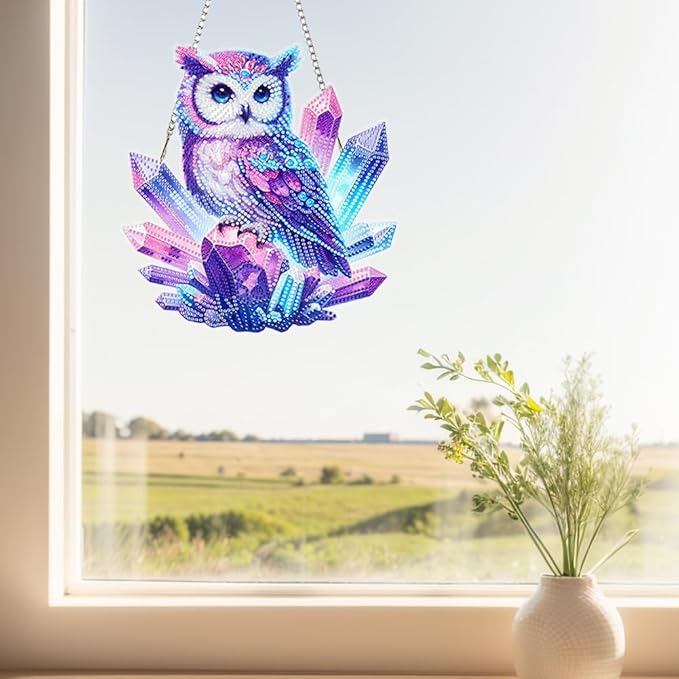 POETRYDRAW DIY Hanging Diamond Art Pendant Kit, 5D Owl Special Shaped Crystal Diamond Art Window Acrylic Pendant Ornament Wall Art Suncatchers Sign for Home Decoration