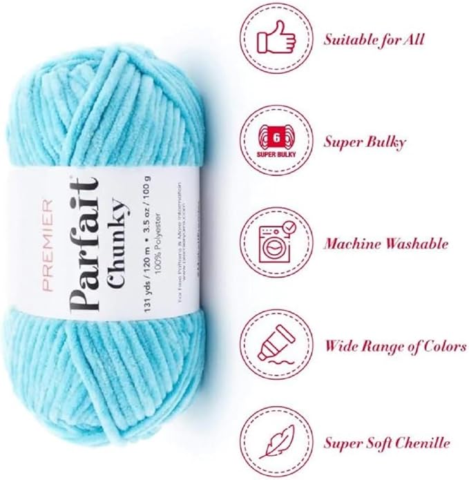 Premier Yarns Parfait Chunky Chenille Yarn 3.5 Oz 6 Super Bulky Weight 3 Pack Bundle with Bella's Stitch Place Holders (Seaside)