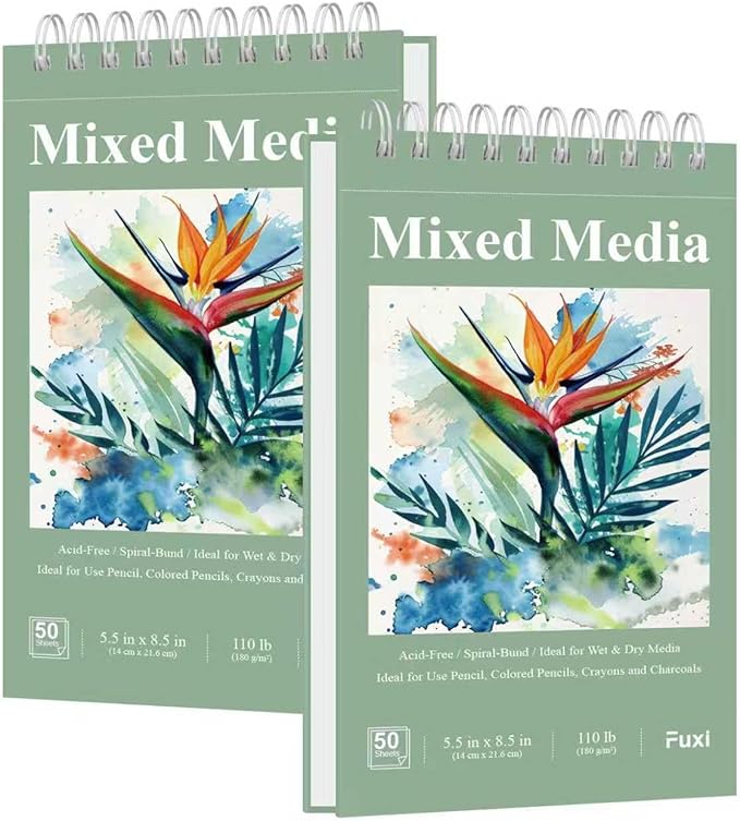 Fuxi Small Mixed Media Sketchbook, 2-Pack - 5.5" x 8.5" | 110lb/180gsm Mixed Media Paper for Watercolor, Acrylic, Ink, Pencil, 50 Sheets Per Pad.