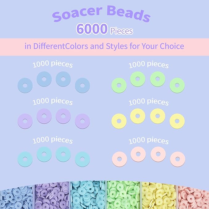 6000+Pieces Polymer Clay Beads, 6 Colors Easter Clay Beads for Bracelets Making Heishi Beads Friendship Bracelet Making Kit for Girl Women Adults (Pastel)