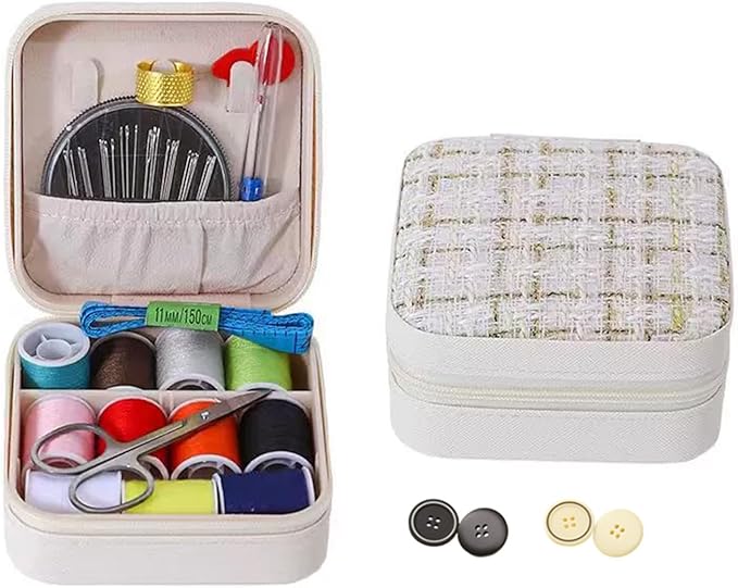Mini Sewing Kit in Stylish Leather Case – Complete Set with Scissors,Needles,Thread & More, Fashion Box for Store Jewelry– Perfect for Beginners & Travel (White)