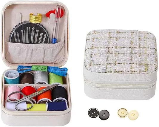 Mini Sewing Kit in Stylish Leather Case – Complete Set with Scissors,Needles,Thread & More, Fashion Box for Store Jewelry– Perfect for Beginners & Travel (White)