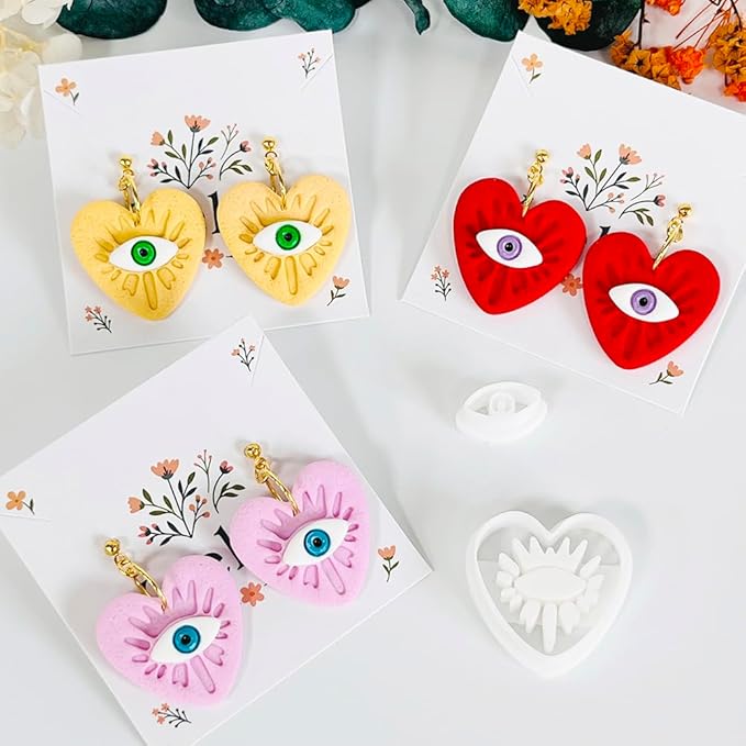 Xaekicr 4PCS Polymer Clay Cutters Set - Eye, Strawberry, Clover Heart Shape Clay Earring Cutters for DIY Jewelry Making, Clay Tools and Polymer Clay Molds