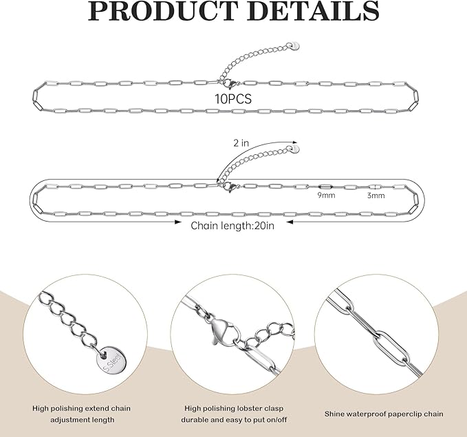 GTVOODX 10Pcs Paperclip Chain Necklace 20 Inch 3x9mm Stainless Steel Adjustable Link Chains Bulk for Women Necklace Jewelry Making
