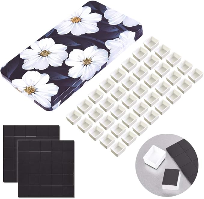 40Pcs Empty Half Pans with Magnetic Stripe Watercolor Paint Travel Tin Palette Case, Artist Paints Kits for DIY Watercolor Oils or Acrylics Painting Art Drawing Gardenia Flower