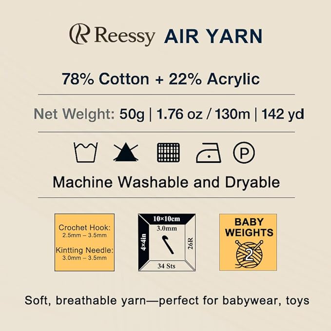 Cotton Yarn for Crocheting - 6 Pack of 50g/1.76oz–78% Cotton, 22% Acrylic – Soft Sport Weight Crochet Yarn (CYC #2), Brushed Air Yarn for Baby Projects, Granny Squares & Plush Toys（Yellow）