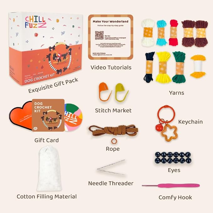 ChillFuzz Animal Crochet Kit Beginner Crochet Kit for Adults with Yarn Hook and Instructions Perfect Handmade Gift Pet Lovers Dachshund Dog Puppet