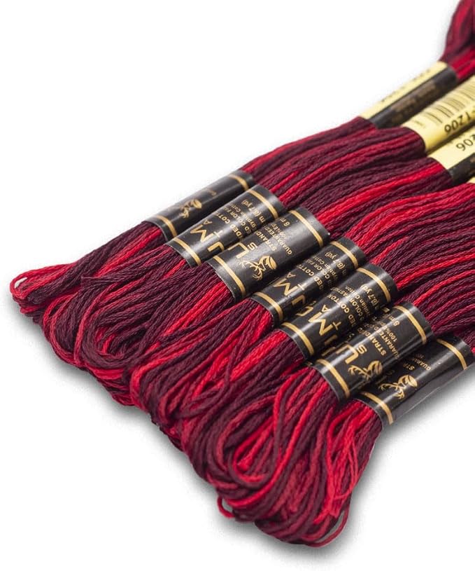 Pack of 12 Premium Embroidery Thread | 100% Egyptian Cotton Premium Skeins | Cross Stitch Embroidery Floss | Oeko TEX Certified | Ideal for Arts & Crafts (Dark Red Variegated 1206)