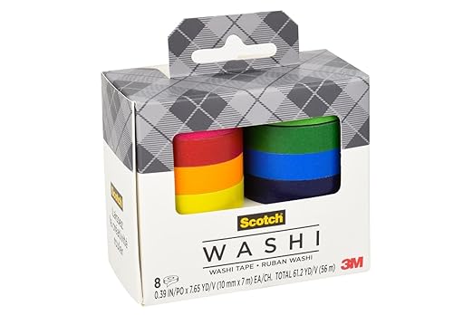 Scotch Washi Tape, Solid Color Rainbow Design, 8 Rolls, Great for Bullet Journaling, Scrapbooking and DIY Décor (C1017-8-SOL1)