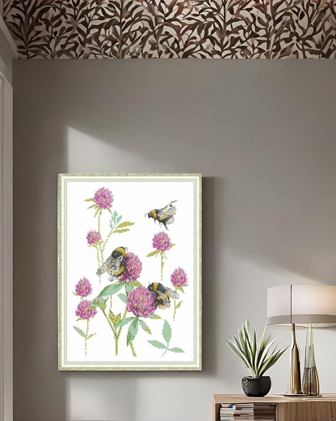 CaptainCrafts Cross Stitch Kits for Adults Counted Unprinted Fabric Cross Stitching DIY Art DMC Needlecrafts Embroidery Kit for Adults (White, Bumblebee Picking Flowers)