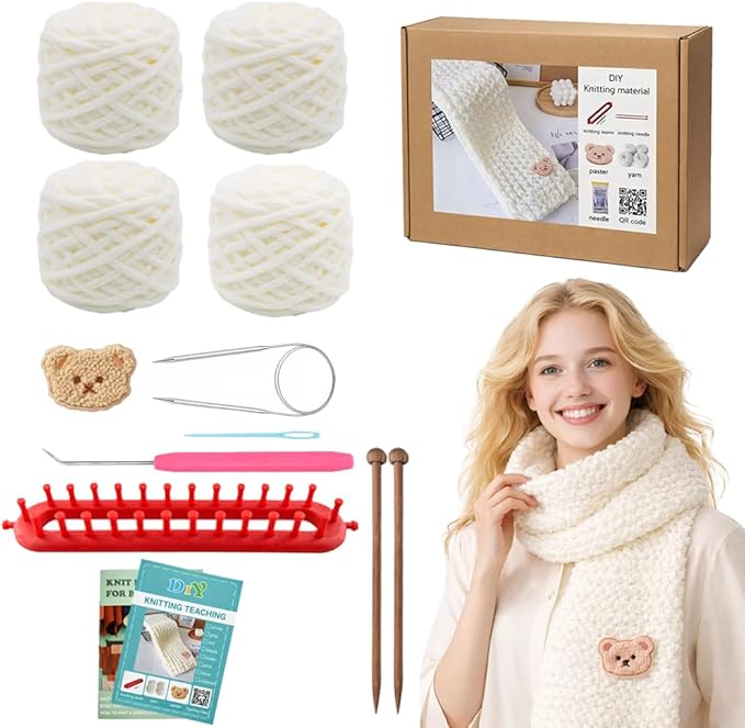 Novelchet Knitting Loom Kit for Beginners,Rectangle Loom with Plush Yarn, Learn to Knit Set for Scarf with Step by Step Video Tutorial