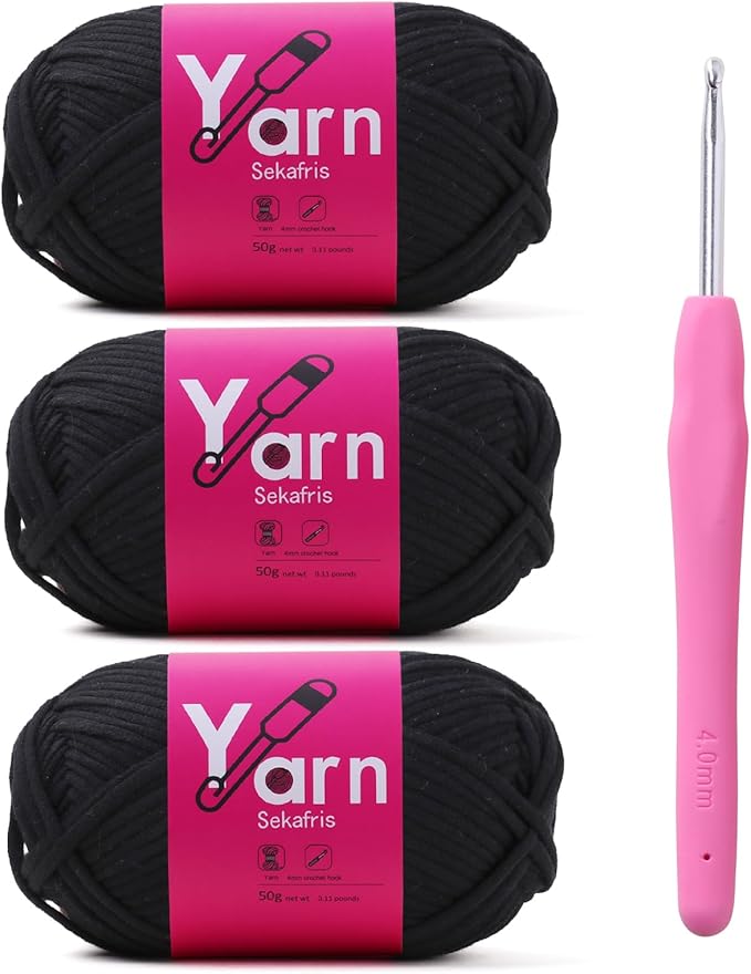 Crochet Yarn with Cotton Yarn for Crocheting - Crochet Knitting Yarn for Beginners with Easy-to-See Stitches - Yarn for Crocheting - Parfait Chunky Yarn -Cotton-Nylon Blend (Black)