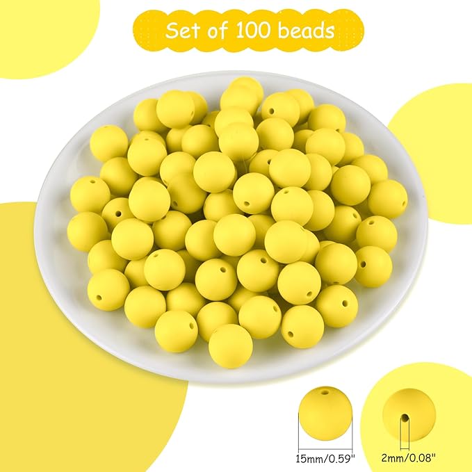 ASTARON 100 Pcs 15mm Silicone Beads for Keychain Making, Bright Yellow Silicone Beads Bulk Round Rubber Beads for Bracelets Beadable Pens Decorations Crafts Supplies