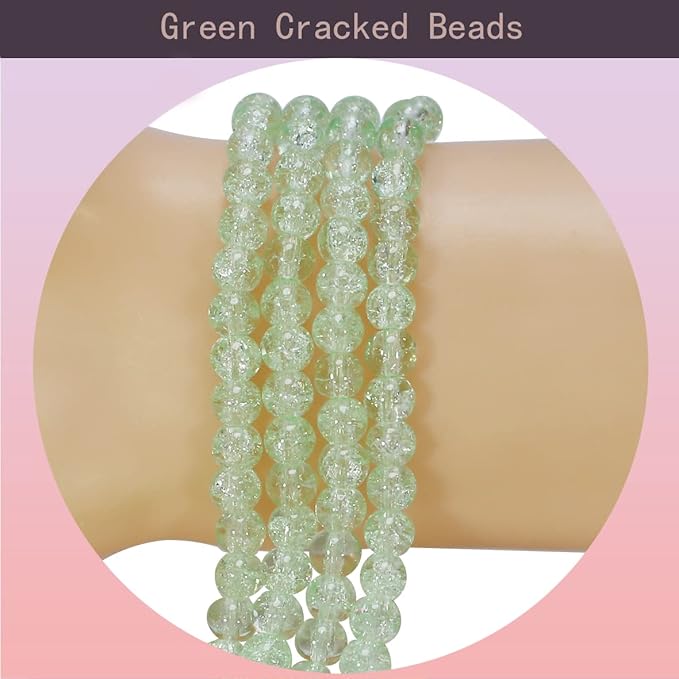 1050pcs Green Crackle Glass Beads Handcrafted Round Lampwork Smooth Loose Beads for Bracelet & DIY Jewelry Making 6mm