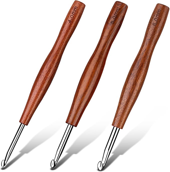 Nitlak Crochet Hooks Set, 3 Size Aluminum Ergonomic Crochet Hooks with Wooden Handle for Arthritic Hands, Beginners, Crochet Needles for Knitting Sweaters, Blankets(4mm/5mm/6mm)
