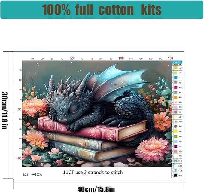 Dragon Stamped Cross Stitch Kits for Beginners Adults, Flower Book Dimensions Needlepoint Art Crafts,Counted Cross Stitch Kits Embroidery Kits for Beginners Adults for Home Decor 15.7X11.8inch