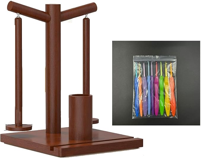 Wooden Yarn Holder - 9PCS Crochet Hooks, Magnetic 2-Spindle Spinner for Crocheting & Knitting | with Phone Stand & Hook Storage | Yarn Enthusiasts' Choice