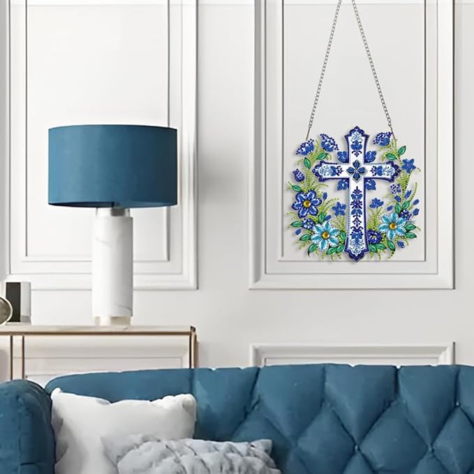 STGLCR Cross Hanging Diamond Art Kits for Adults - Cross Acrylic Board Double Sided Pattern Jesus Diamond Painting Suncatcher Pendant, Crystal Art for Home Wall Window Decor Handmade Gift 7.8Inch