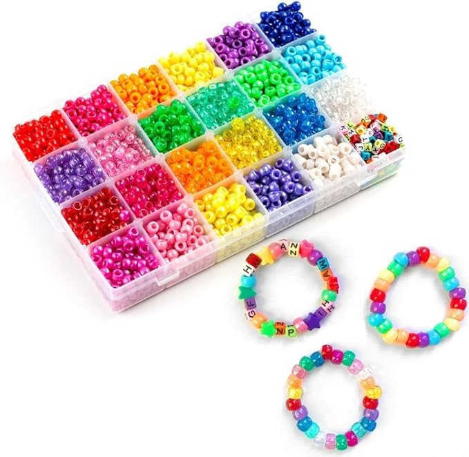 INSCRAFT Pony Beads Set, 3300 Pcs 9mm in 23 Colors with Letter & Star Designs, Elastic String for Bracelet Jewelry Making