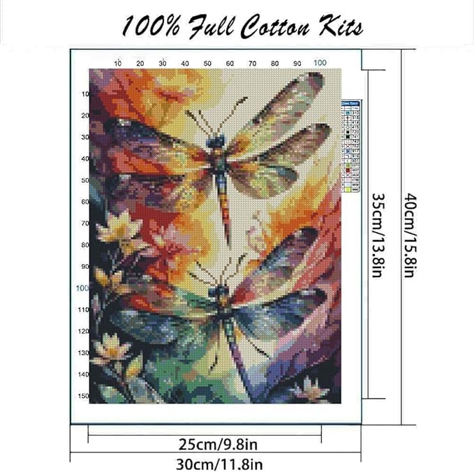 Dragonfly Stamped Cross Stitch Kits for Adults,Flower Dimensions Cross Stitch Kits Embroidery Kit Arts and Crafts for Beginners 15.7x11.8 inches