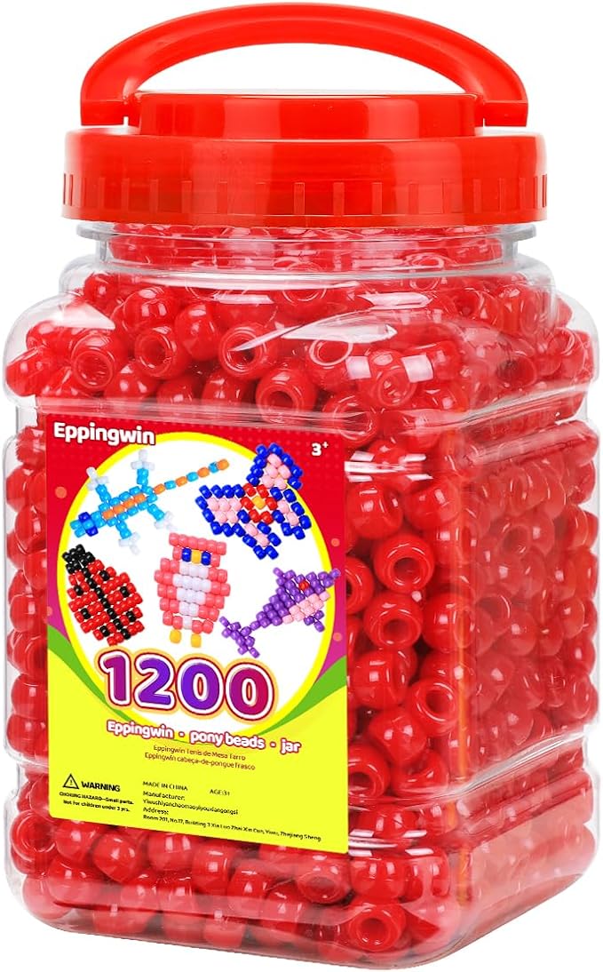 eppingwin 1200pcs pony beads for bracelets,6x9mm kandi beads for hair braids, easy storage pony bead for jewelry making (red)