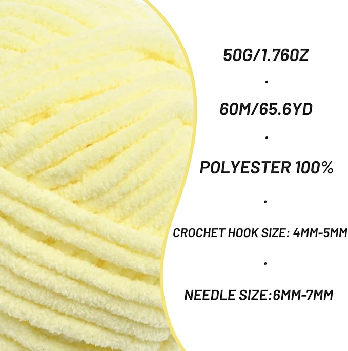 Plush Chenille Chunky Crochet Yarn - Baby Yarn for Crocheting Soft - Velvet Yarns Knitting for Blankets Crafts - Fluffy Amigurumi Yarns 50g / 65.6yd (Lemon Yellow)