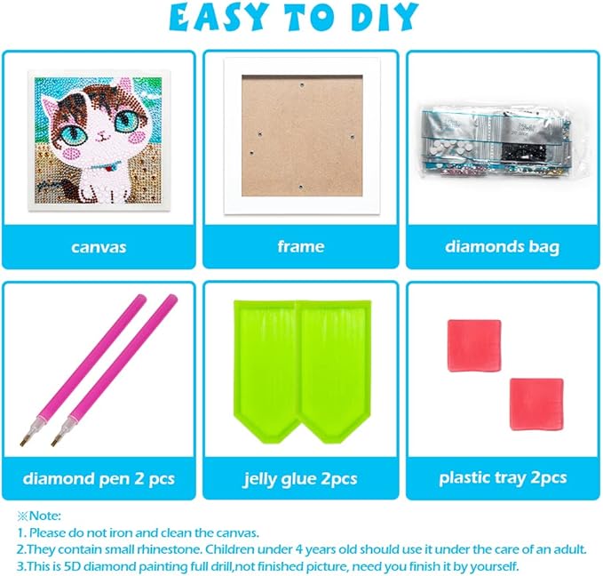 QEUOYSS Diamond Art Kit for Kids with Wooden Frame Art and Crafts for Kids Ages 6-8 -10-12 Easy to DIY Diamond Art for Kid and Adult Beginners Home Wall Decoration (uad-02 cat)
