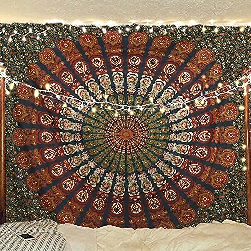 bless international handmade indian hippie bohemian psychedelic peacock mandala wall hanging college dorm beach throws table cloth bedding tapestry (golden green, queen(84x90inches)(215x230cms))