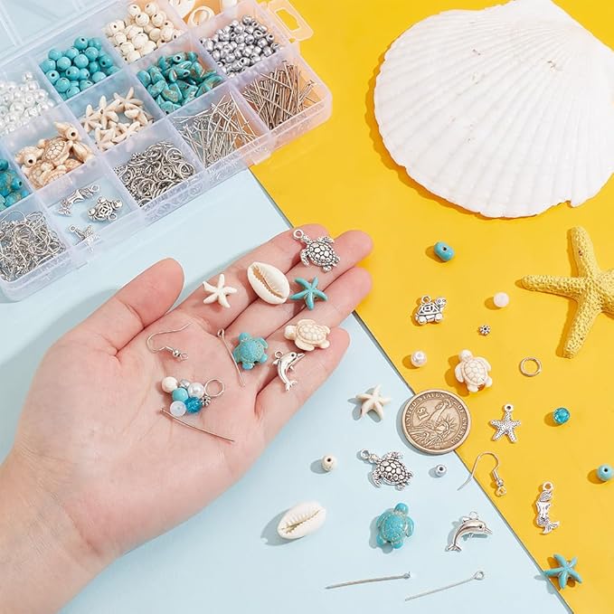 PH PandaHall 575pcs Turquoise Turtle Beads Ocean Beads Charms Starfish Seashell Bead Charms Tortoise Mermaid Pendants for Summer Beach Necklace Earring Bracelet Anklet Jewelry Making
