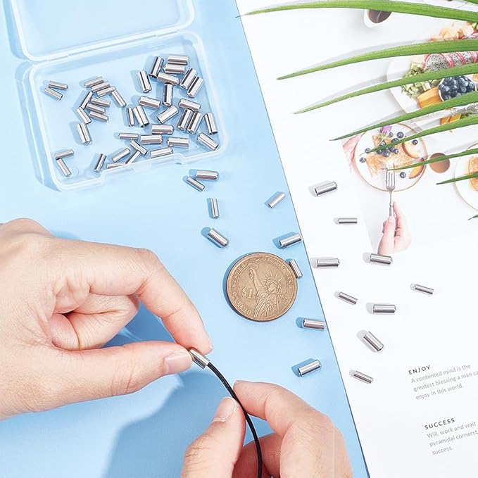 UNICRAFTALE 100pcs 2 Sizes Column Cord Ends Stainless Steel End Caps 2mm/3mm Column Leather Cord Ends Cord Terminators End Caps for DIY Jewelry Making, Stainless Steel Color