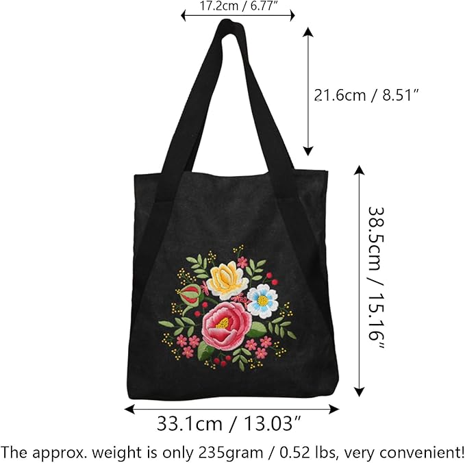 CREAWONDER Canvas Tote Bag Embroidery Kit with Pattern for Beginners, Arts and DIY Embroidery Crafts Kits for Adults, Include Instructions, Thimble, Embroidery Hoops, Color Threads and Tool