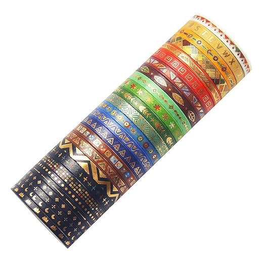 YUBBAEX 26 Rolls Indian Washi Tape Set, 5MM Wide Folk Totem Foil Gold Thin Decorative Masking Washi Tapes for Journal,Scrapbook, Planner, DIY Crafts