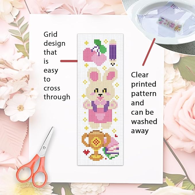 ORIGACH 6 Set Cartoon Animal & Reading Elements Cross Stitch Bookmark Kit for Beginner with Backing Felt Floss Instructions DIY Stamped Embroidery Bookmark Kit for Adults, Book Lovers