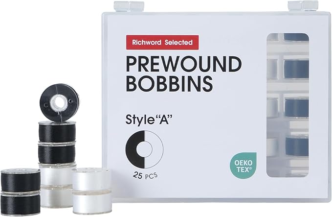 Poolin Prewound Bobbins Richword Selected 25PCS White+Black Size A, Plastic Sided, 70D/2(60WT) Polyester Bobbin Thread for Single Needle Embroidery and Sewing Machine
