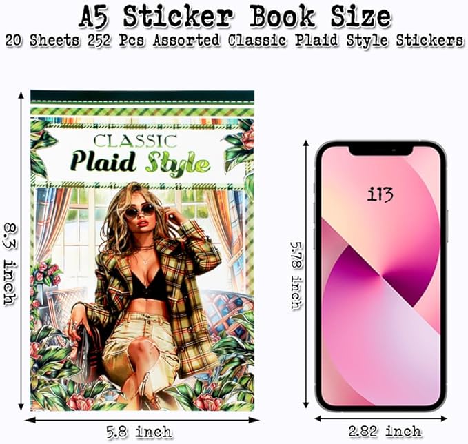 Dwpetzo Classic Plaid Pe-Cut Journaling Sticker Book for Women, PET, Washi, and Craft Paper Stickers for Junk Journal Supplies, Scrapbooking, Planner, Bujo, Collage, 20 Sheets, A5 Size