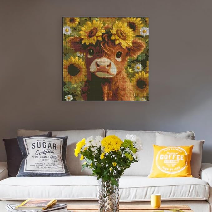 Cow Flowers Stamped Cross Stitch Kits - Needlepoint Counted Cross Stitch Kits for Beginners Adults Daisy Sunflower Pattern Crossstitching Dimensions Embroidery Kits Arts and Crafts
