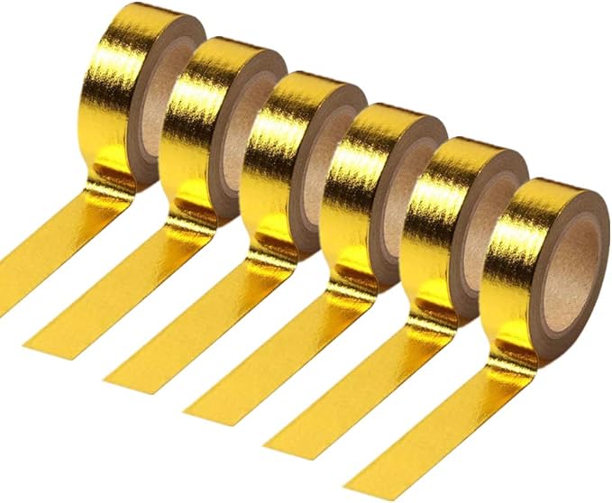 6 Rolls Solid Yellow Gold Foil Washi Tape Set 15mm x 10m Length Gilding Stamping Paper Adhesive Masking Tapes Sticky Paper Tape for DIY Scrapbooking Bullet Crafts Art Journal Home Decoration