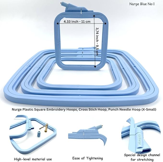 nurge square embroidery hoop - plastic cross stitch frame for needlepoint & embroidery - adjustable craft hoop - blue - no:1 (x small)
